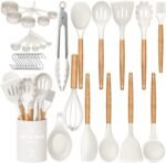 Umite Chef Kitchen Cooking Utensils Set, 33 pcs Non-stick Silicone Cooking Kitchen Utensils Spatula Set with Holder, Wooden Handle Silicone Kitchen Gadgets Utensil Set (Cream White) - Image 2