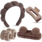 VELSCRUN Spa Headband, Makeup Face Wash Skincare Headbands, 5 Pcs Sponge Get Ready Bear Ears Hairband Facial Wristband Hair Clip Set, Stuff for Teen Girls Women Trendy Hair Accessories Dark Brown - Image 2