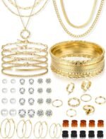 YEEZII 56 Pcs Gold Jewelry Set for Women with 5Pcs Layered Necklace, 5Pcs Layered Necklace, 12 Bracelets, 4 Hoop Earrings, 8 Stackable Rings, 10 hairpins, 12 Studs Earrings Jewerly set for Women - Image 2