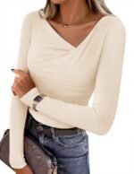 ZESICA Women's Long Sleeve Asymmetrical Neck Ruched Slim Fit Shirts 2026 Spring Fashion Outfits Going Out Tops - Image 2