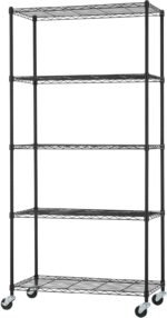 5-Tier Adjustable Wire Shelving with Wheels, Wire Shelf Rack for Kitchen Organization, Garage Storage, 400 to 2000 Pound Capacity, NSF Certified, 36” x 18” x 72”, Black - Image 2