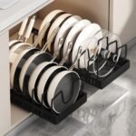 AmoiChic 2 Pack Pull Out Cabinet Organizer for Pots and Pans, Black Storage Rack with 8 Adjustable Dividers, Kitchen Cabinet Organizer for Pot Lids, Bakeware, Dishes Storage - Image 2