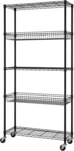 TRINITY 5-Tier Commercial Wire Shelving Rack With Baskets And Wheels, NSF Certified, 36" x 14" x 72", Black - Image 2