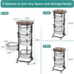 5 Tier Kitchen Fruit Vegetable Storage Cart with One-Piece Rotating Basket, Pantry Organizer Shelf Rack Floor Stand for Veggie Onion Potato Produce Spice, Rolling Snack Cart on Wheels, Black - Image 5