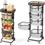 5 Tier Kitchen Fruit Vegetable Storage Cart with One-Piece Rotating Basket, Pantry Organizer Shelf Rack Floor Stand for Veggie Onion Potato Produce Spice, Rolling Snack Cart on Wheels, Black - Image 2
