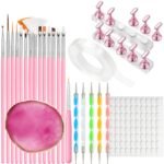 Nail Art Tools Set – 15pcs Pink Nail Art Brushes, 5pcs Dual-Ended Dotting Pens, 10 Nail Stands with 2 Bases, Nail Art Palette, Double-Sided Tape & Adhesive Tabs for DIY Nail Design - Image 2